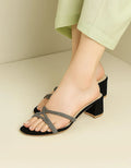 Velora Black Block Heels with Criss-Cross Glitter Straps – Essence by Rubina